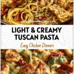 A creamy Tuscan chicken pasta dish with sun dried tomatoes and chicken thighs served in a light sauce.